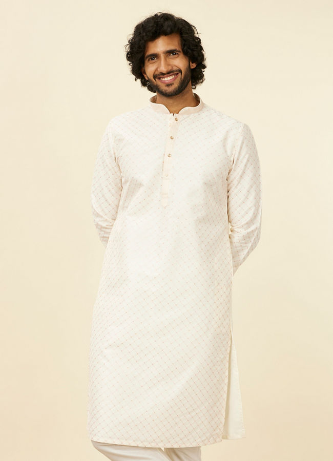 Manyavar Men Warm White Lattice Patterned Kurta Set
