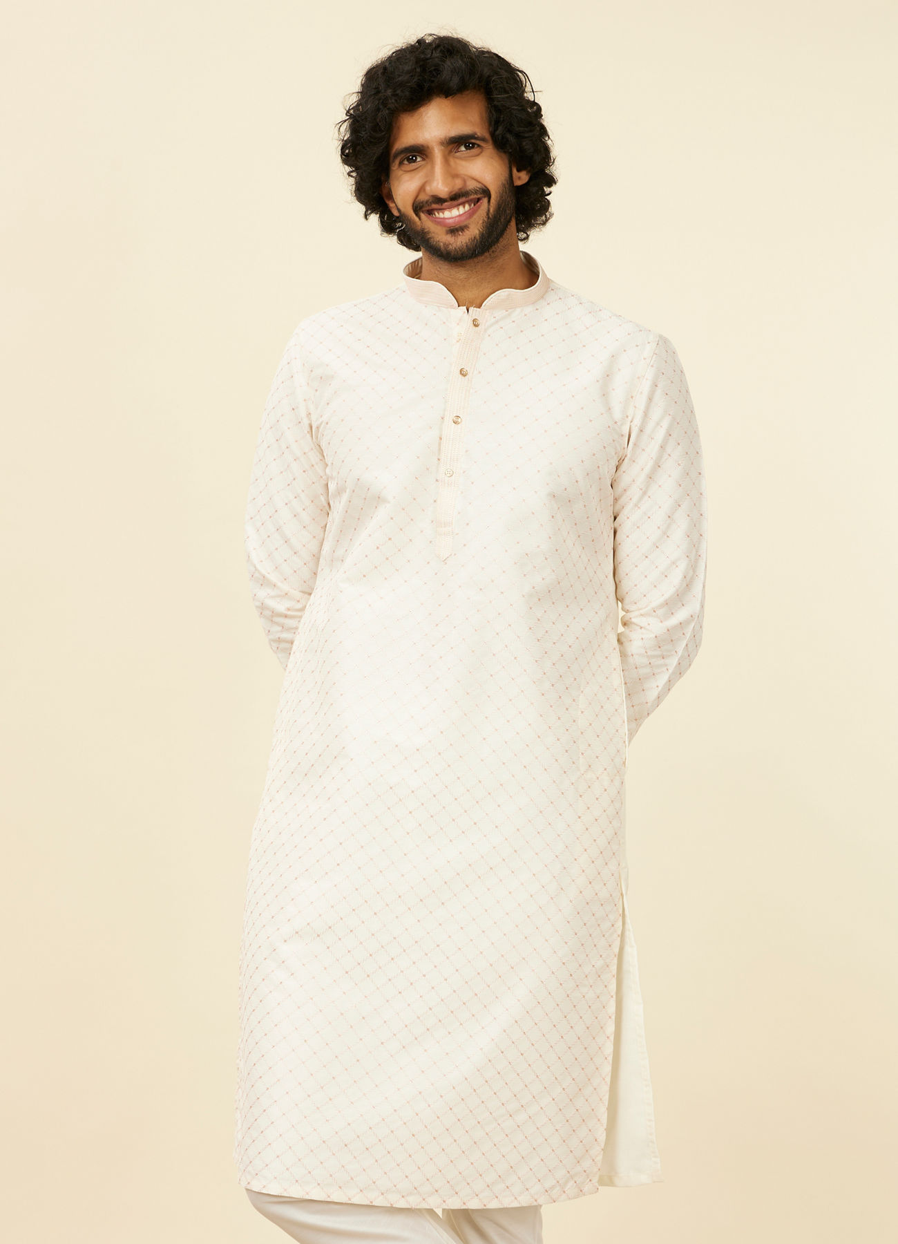 Manyavar Men Warm White Lattice Patterned Kurta Set