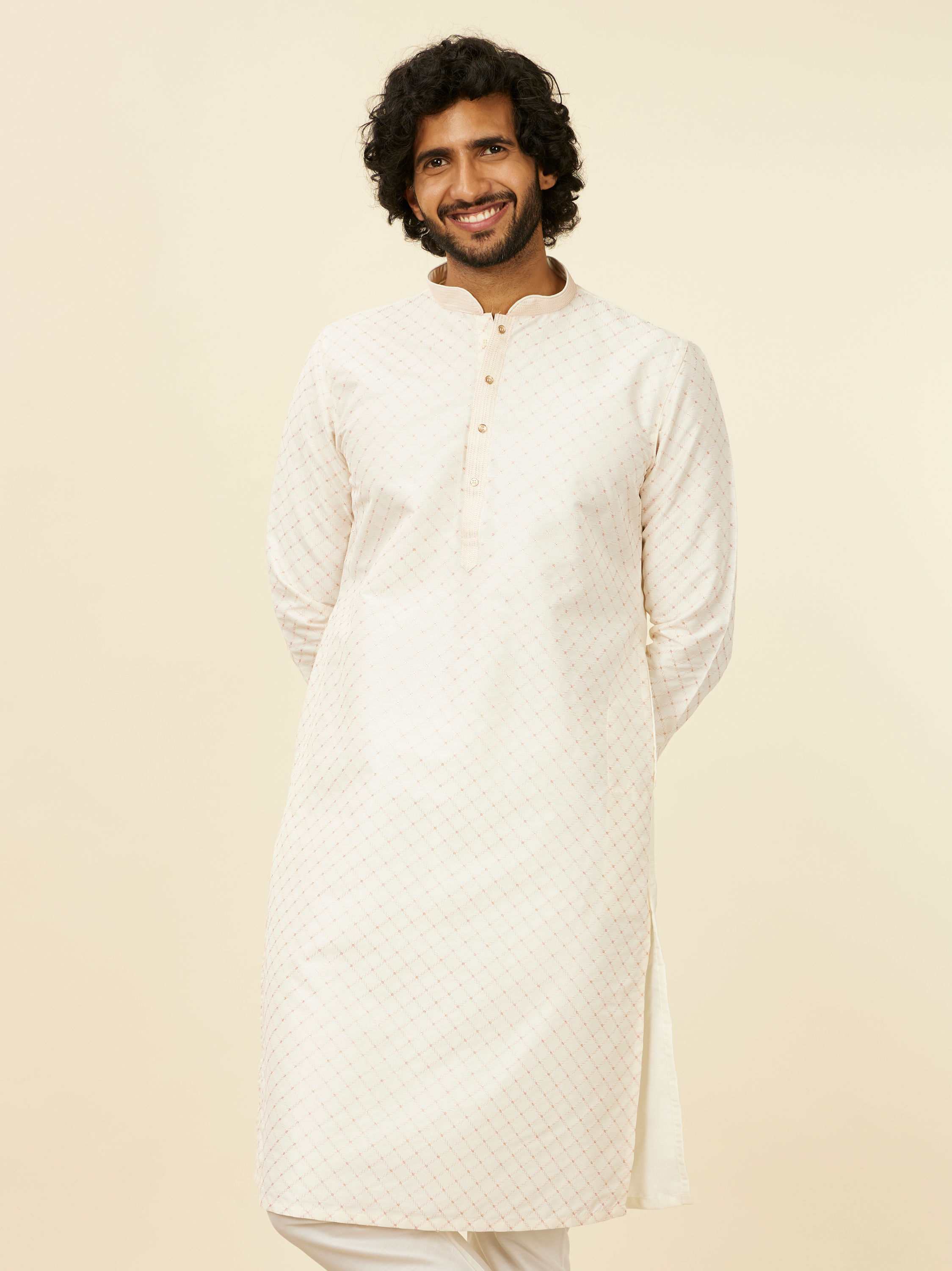 Manyavar Men Warm White Lattice Patterned Kurta Set