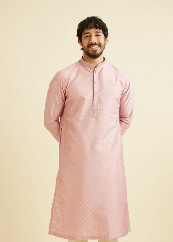 Manyavar Men Dusty Pink Lattice Patterned Kurta Set