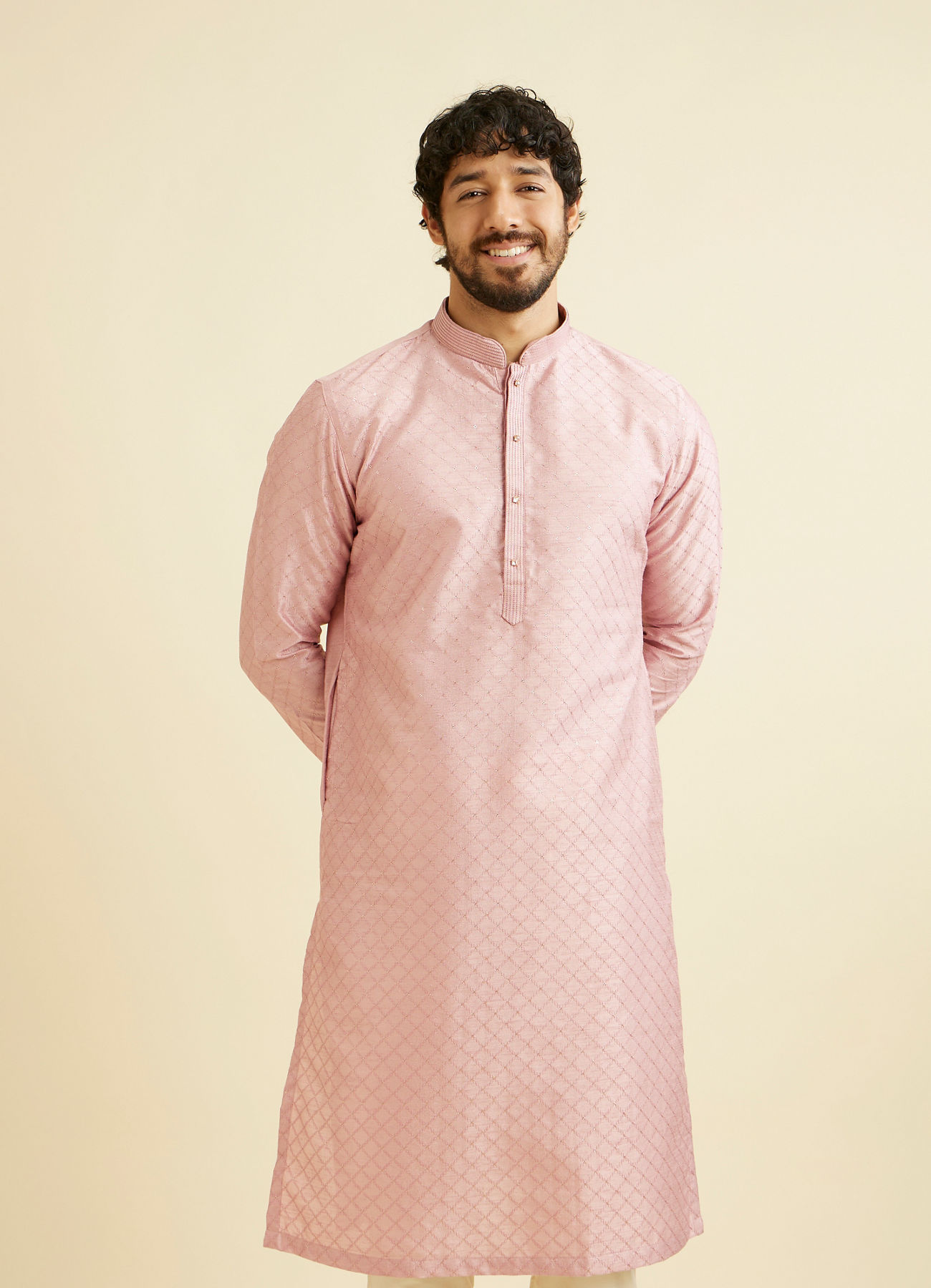 Manyavar Men Dusty Pink Lattice Patterned Kurta Set