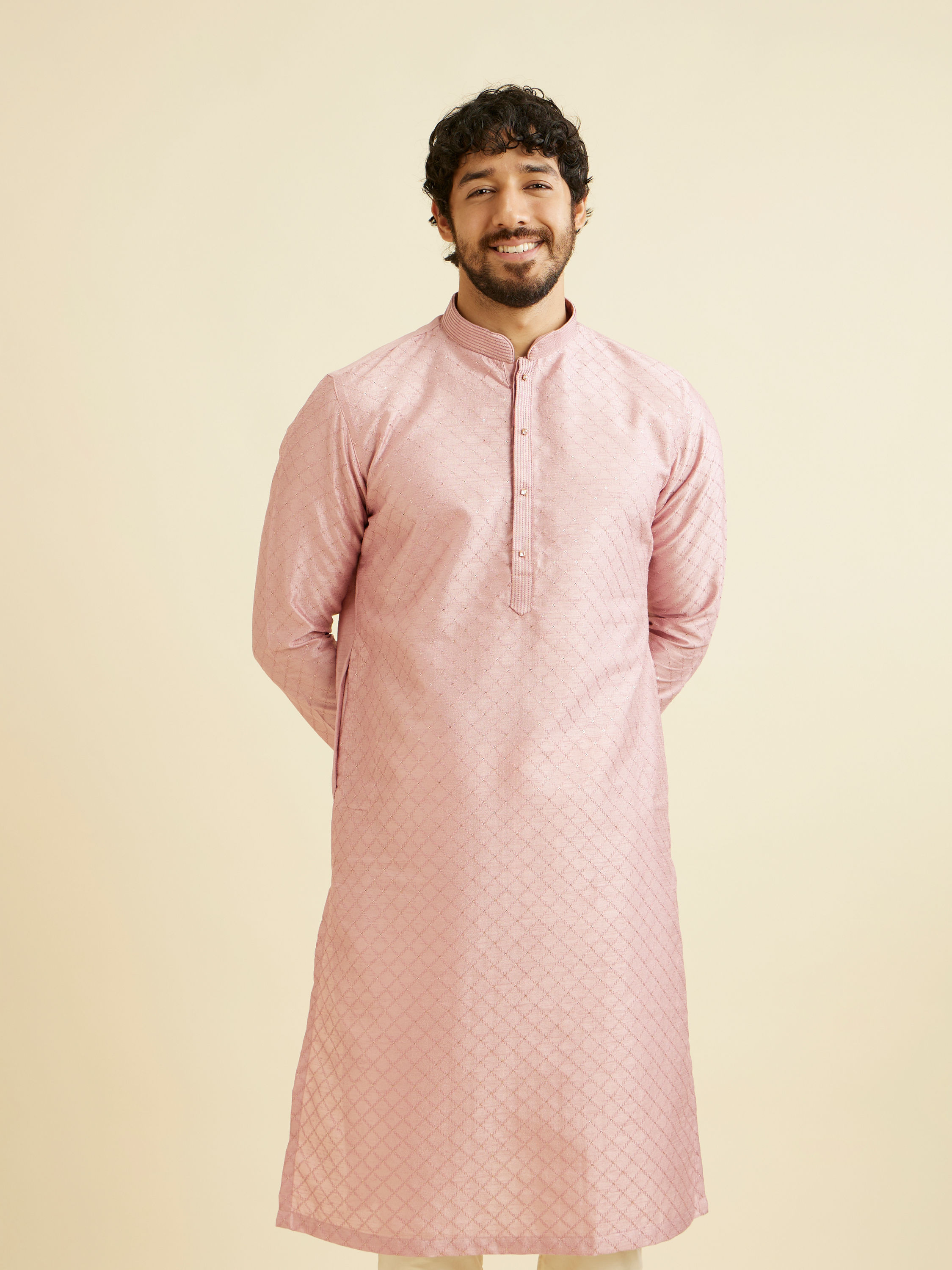 Manyavar Men Dusty Pink Lattice Patterned Kurta Set