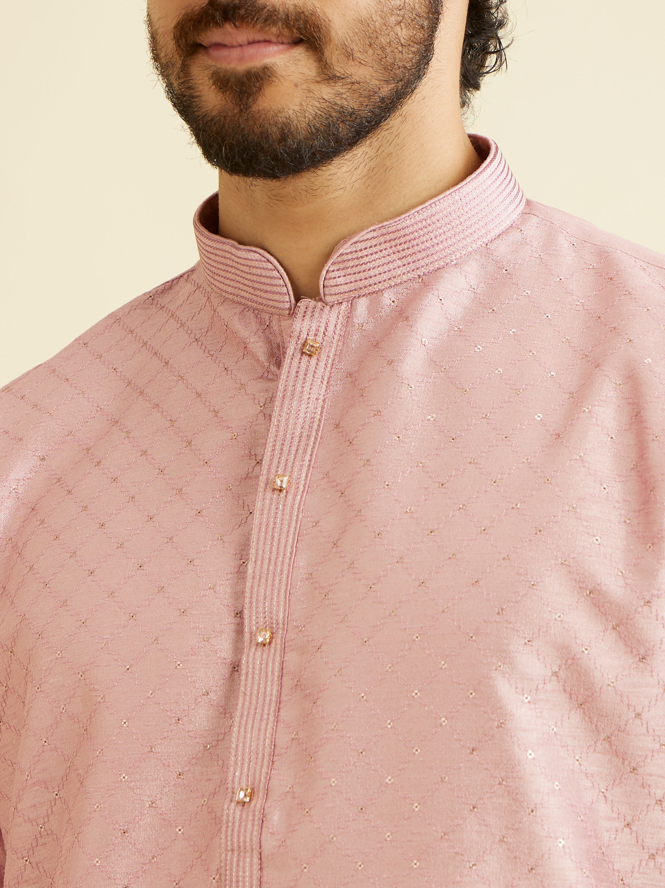 Manyavar Men Dusty Pink Lattice Patterned Kurta Set