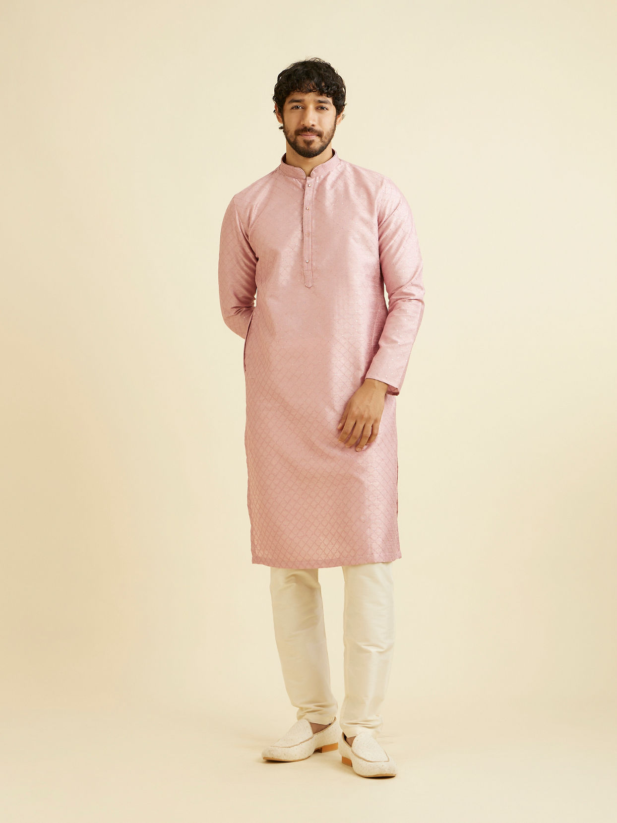 Manyavar Men Dusty Pink Lattice Patterned Kurta Set