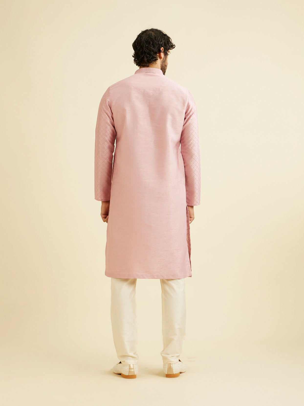 Manyavar Men Dusty Pink Lattice Patterned Kurta Set