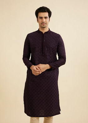 Manyavar Men Plum Purple Self Patterned Sequinned Kurta Set
