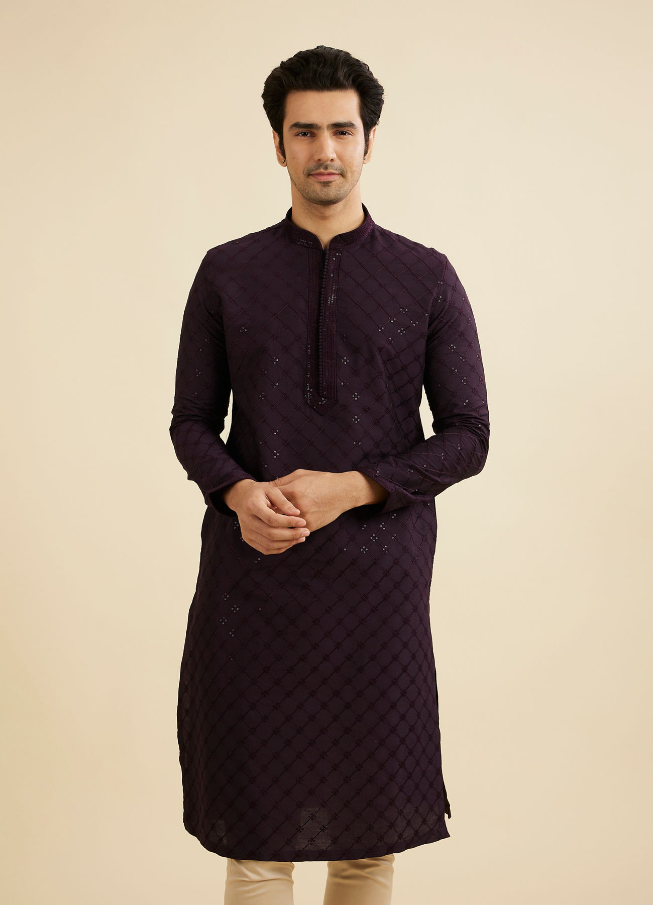 Manyavar Men Plum Purple Self Patterned Sequinned Kurta Set