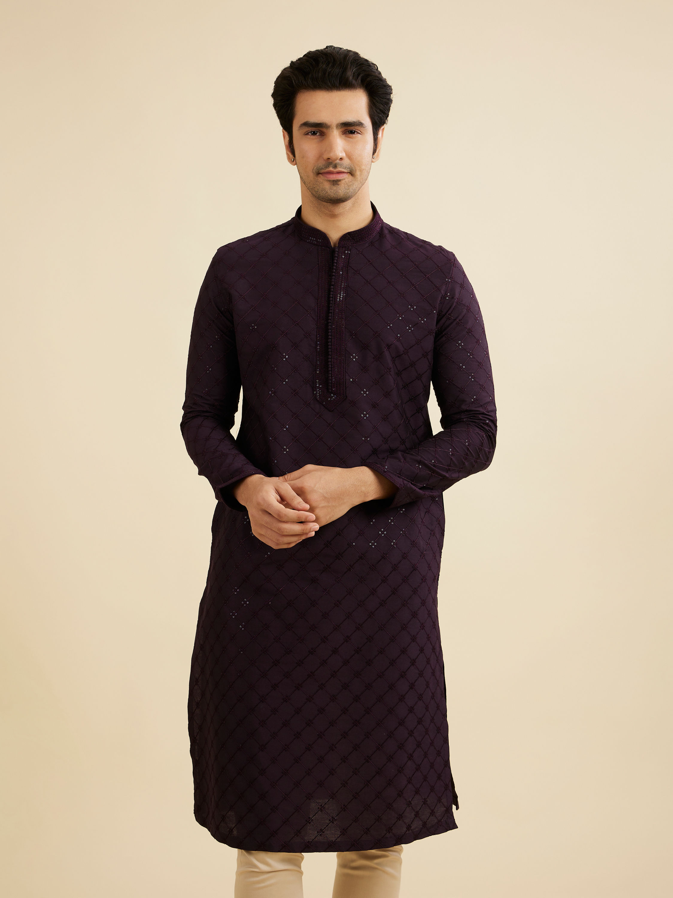 Manyavar Men Plum Purple Self Patterned Sequinned Kurta Set