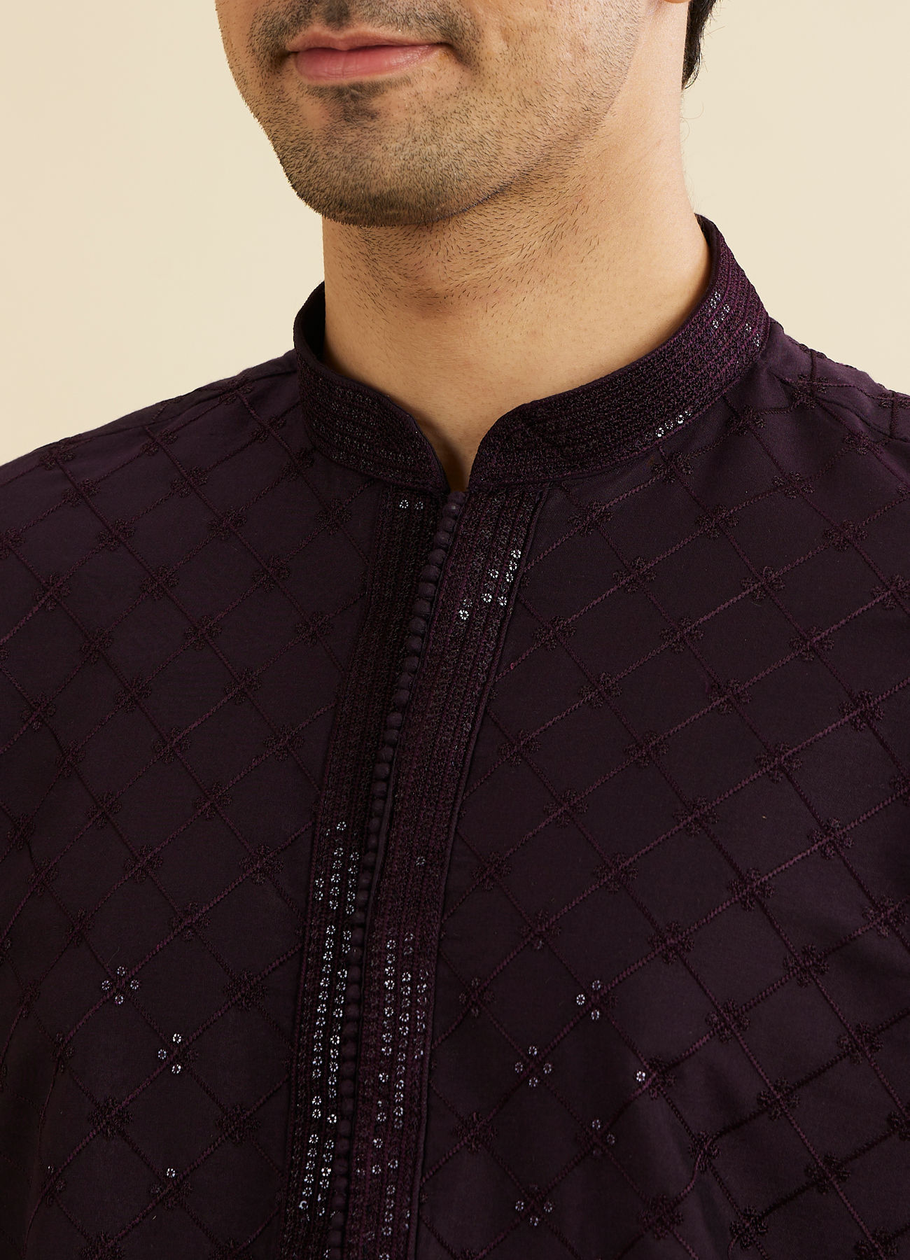 Manyavar Men Plum Purple Self Patterned Sequinned Kurta Set