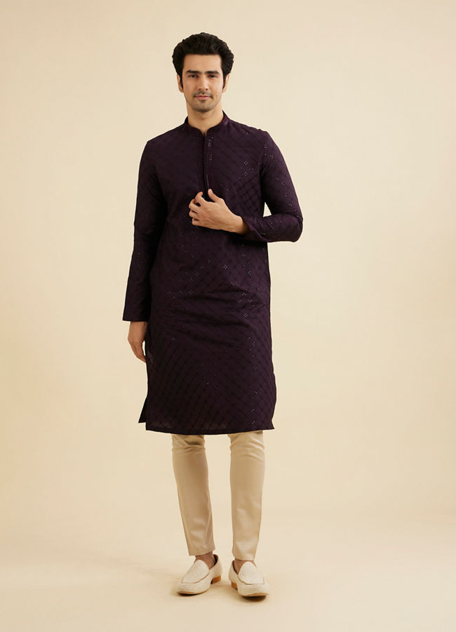 Manyavar Men Plum Purple Self Patterned Sequinned Kurta Set