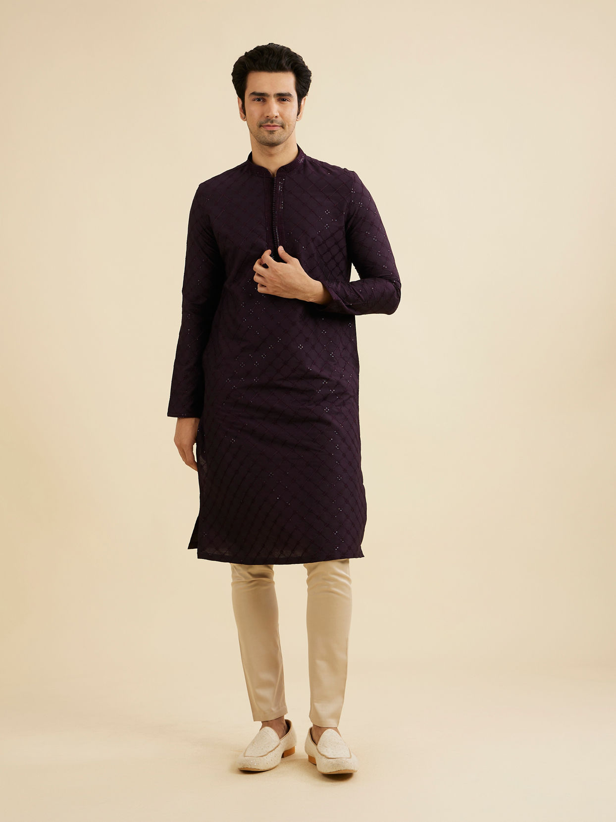 Manyavar Men Plum Purple Self Patterned Sequinned Kurta Set