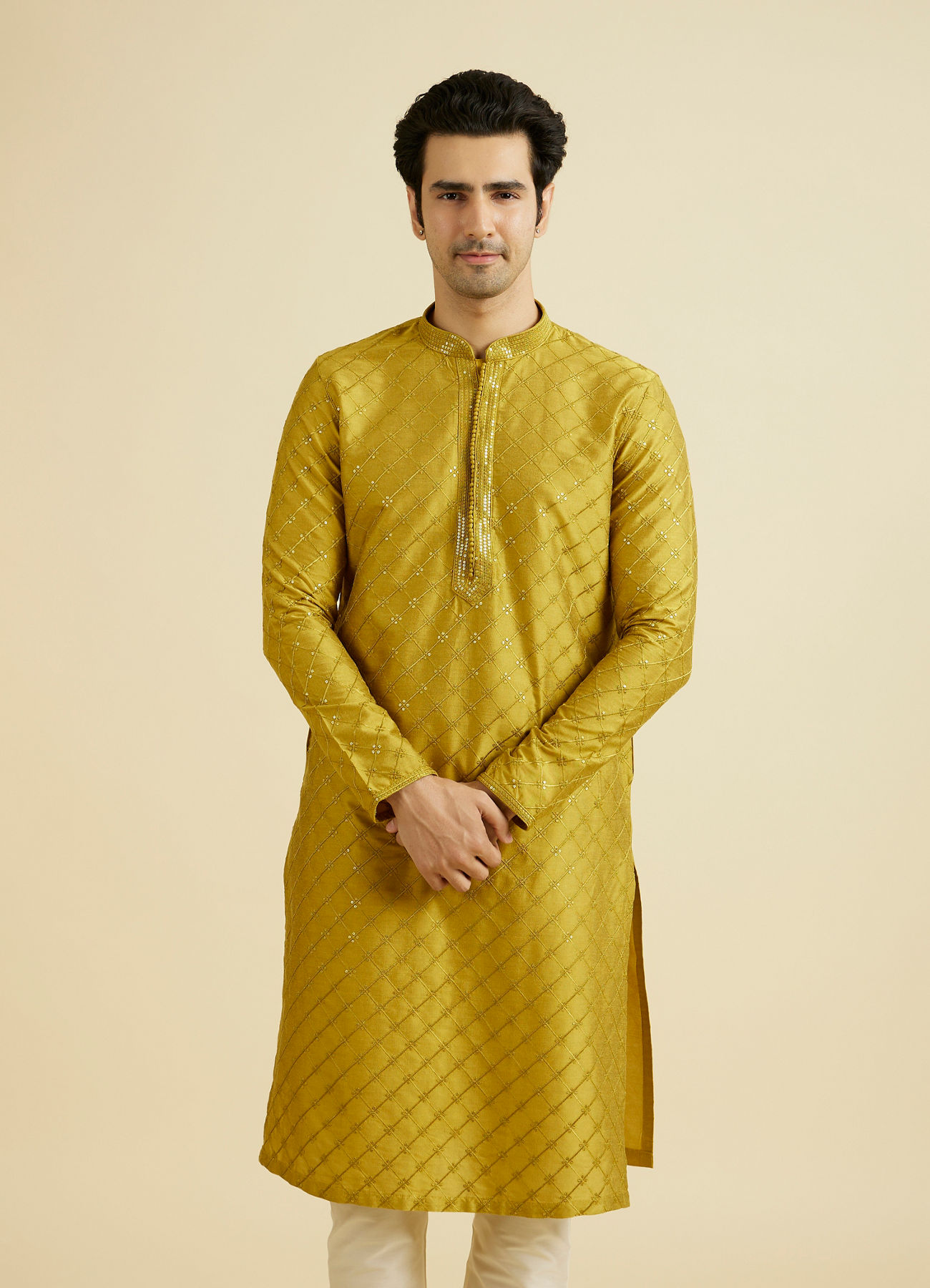 Manyavar Men Mehndi Green Elegance Kurta Pyjama