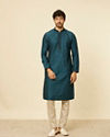 alt message - Manyavar Men Teal Blue Self Patterned Sequined Bandhgala Kurta Set image number 2