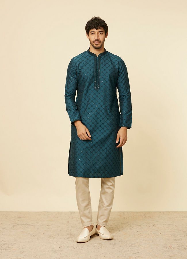 alt message - Manyavar Men Teal Blue Self Patterned Sequined Bandhgala Kurta Set image number 2