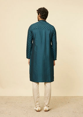 alt message - Manyavar Men Teal Blue Self Patterned Sequined Bandhgala Kurta Set image number 5