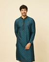 alt message - Manyavar Men Teal Blue Self Patterned Sequined Bandhgala Kurta Set image number 0