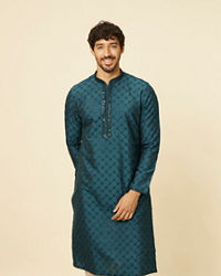 Manyavar Men Teal Blue Self Patterned Sequined Bandhgala Kurta Set