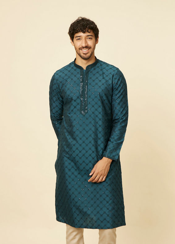 Manyavar Men Teal Blue Self Patterned Sequined Bandhgala Kurta Set