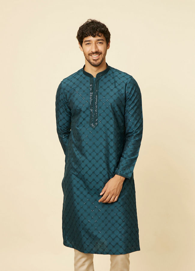 alt message - Manyavar Men Teal Blue Self Patterned Sequined Bandhgala Kurta Set image number 0