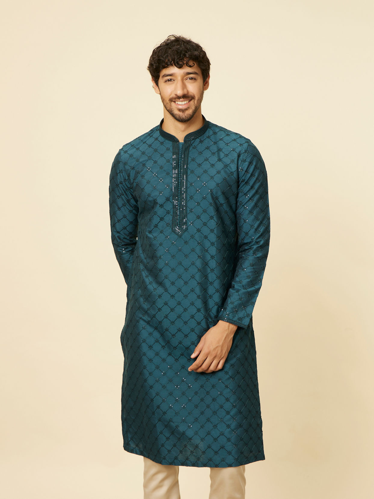 alt message - Manyavar Men Teal Blue Self Patterned Sequined Bandhgala Kurta Set image number 0