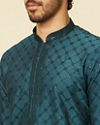 alt message - Manyavar Men Teal Blue Self Patterned Sequined Bandhgala Kurta Set image number 1