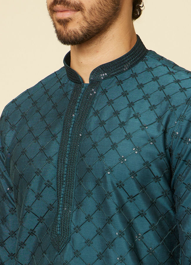 alt message - Manyavar Men Teal Blue Self Patterned Sequined Bandhgala Kurta Set image number 1