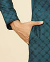 alt message - Manyavar Men Teal Blue Self Patterned Sequined Bandhgala Kurta Set image number 3