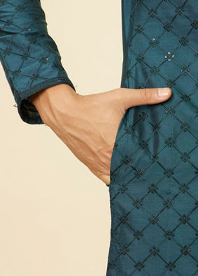 alt message - Manyavar Men Teal Blue Self Patterned Sequined Bandhgala Kurta Set image number 3