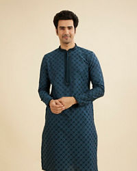 Manyavar Men Teal Blue Self Patterned Sequined Bandhgala Kurta Set