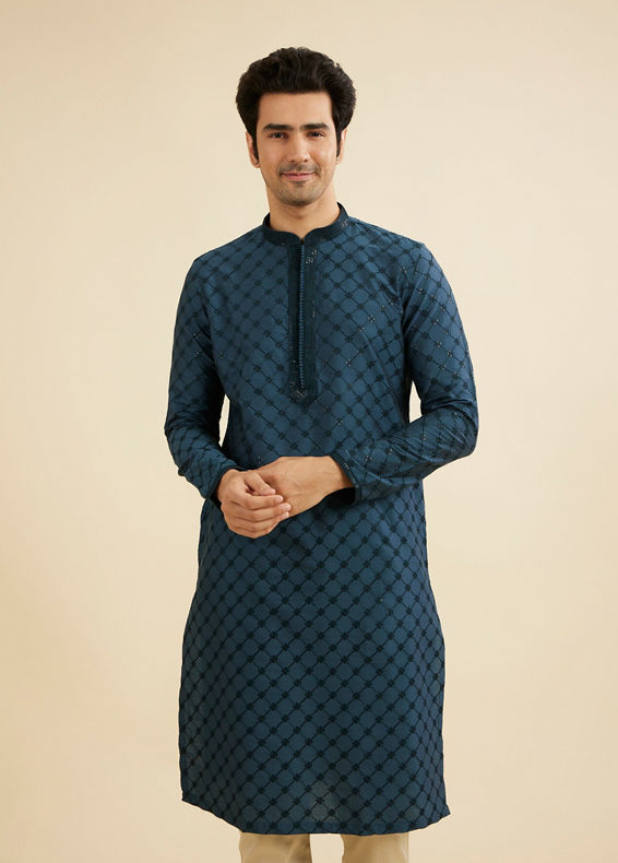 Manyavar Men Teal Blue Self Patterned Sequined Bandhgala Kurta Set