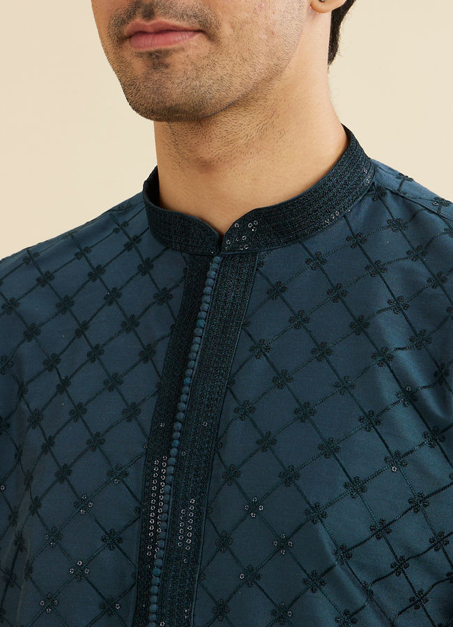 Manyavar Men Teal Blue Self Patterned Sequined Bandhgala Kurta Set