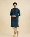 Manyavar Men Teal Blue Self Patterned Sequined Bandhgala Kurta Set