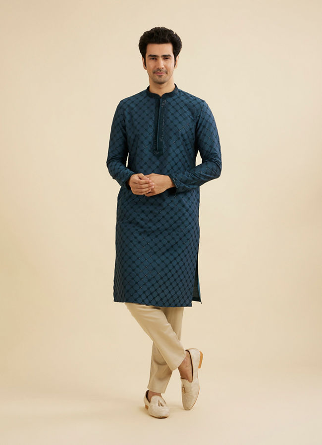 Manyavar Men Teal Blue Self Patterned Sequined Bandhgala Kurta Set