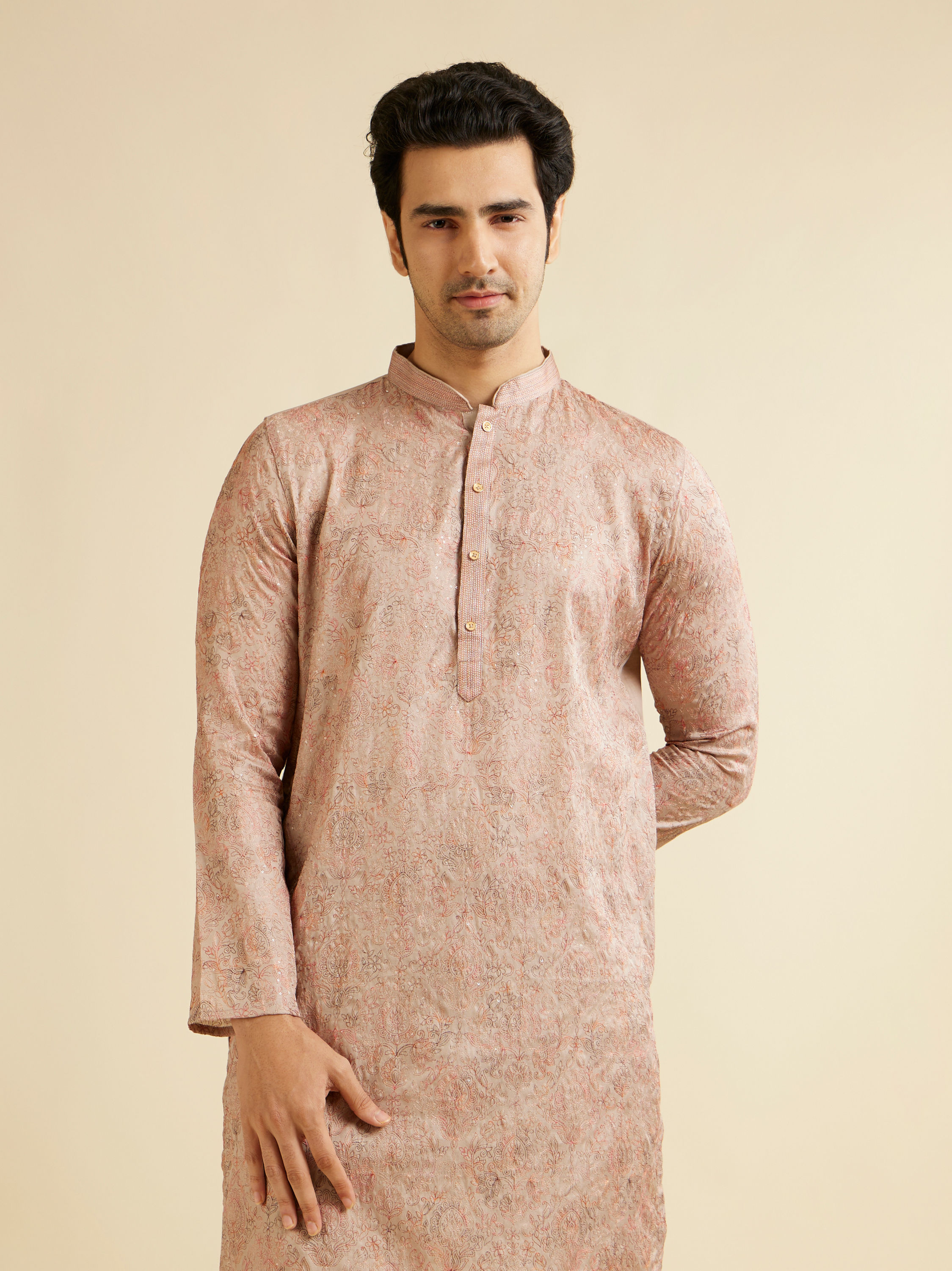 Manyavar Men Sand Beige Self Patterned Kurta Set with Rhinestones