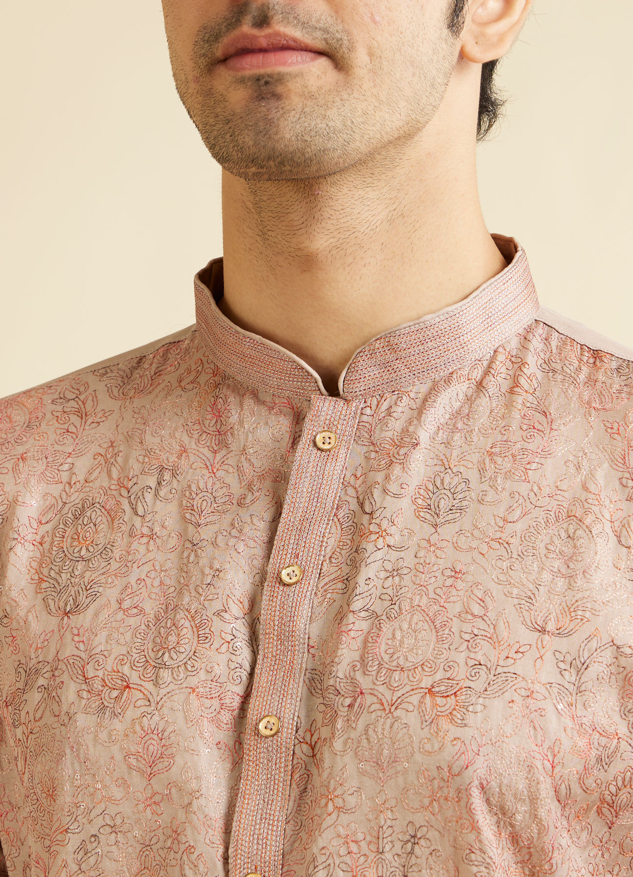 Manyavar Men Sand Beige Self Patterned Kurta Set with Rhinestones