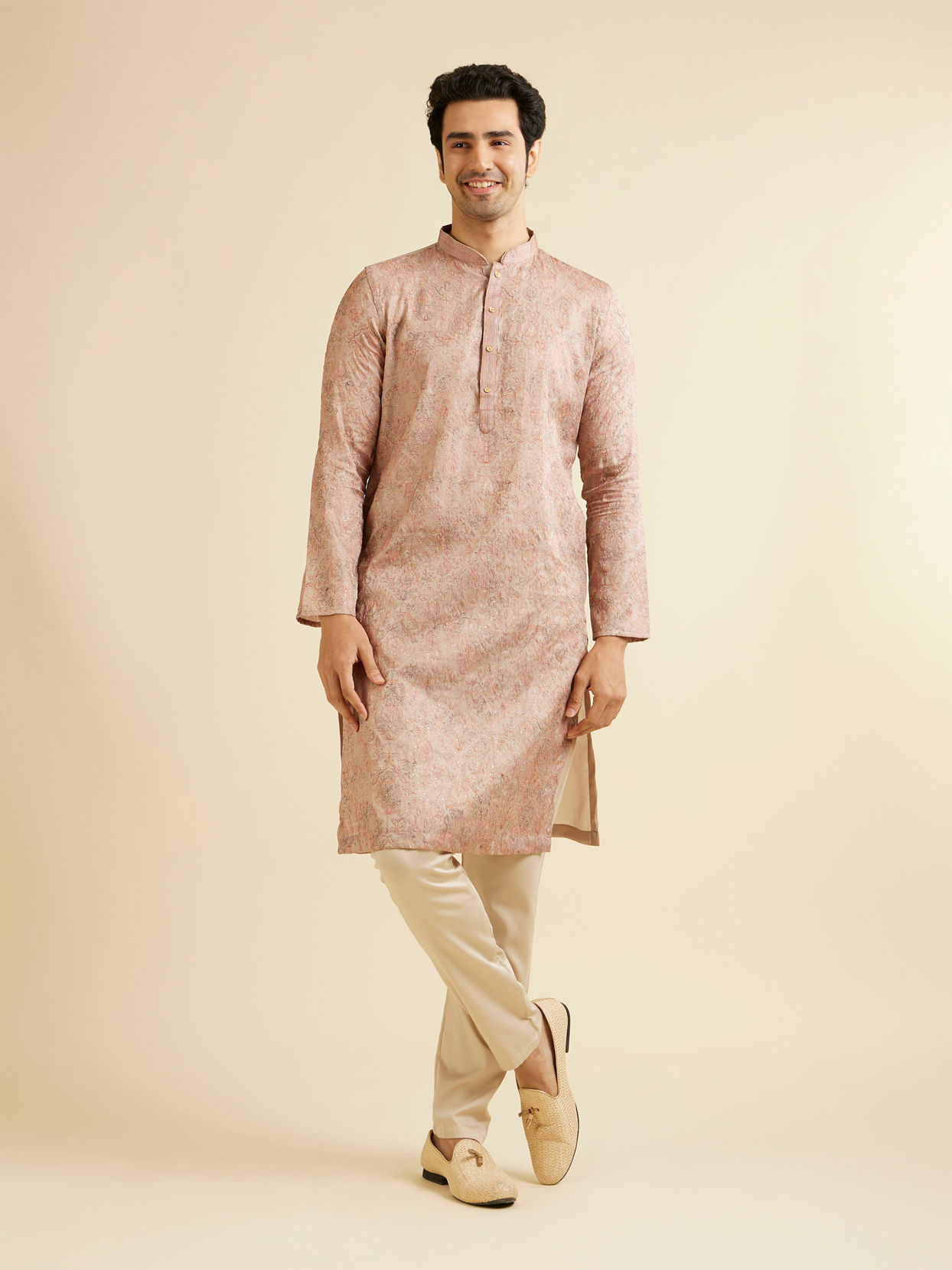 Manyavar Men Sand Beige Self Patterned Kurta Set with Rhinestones