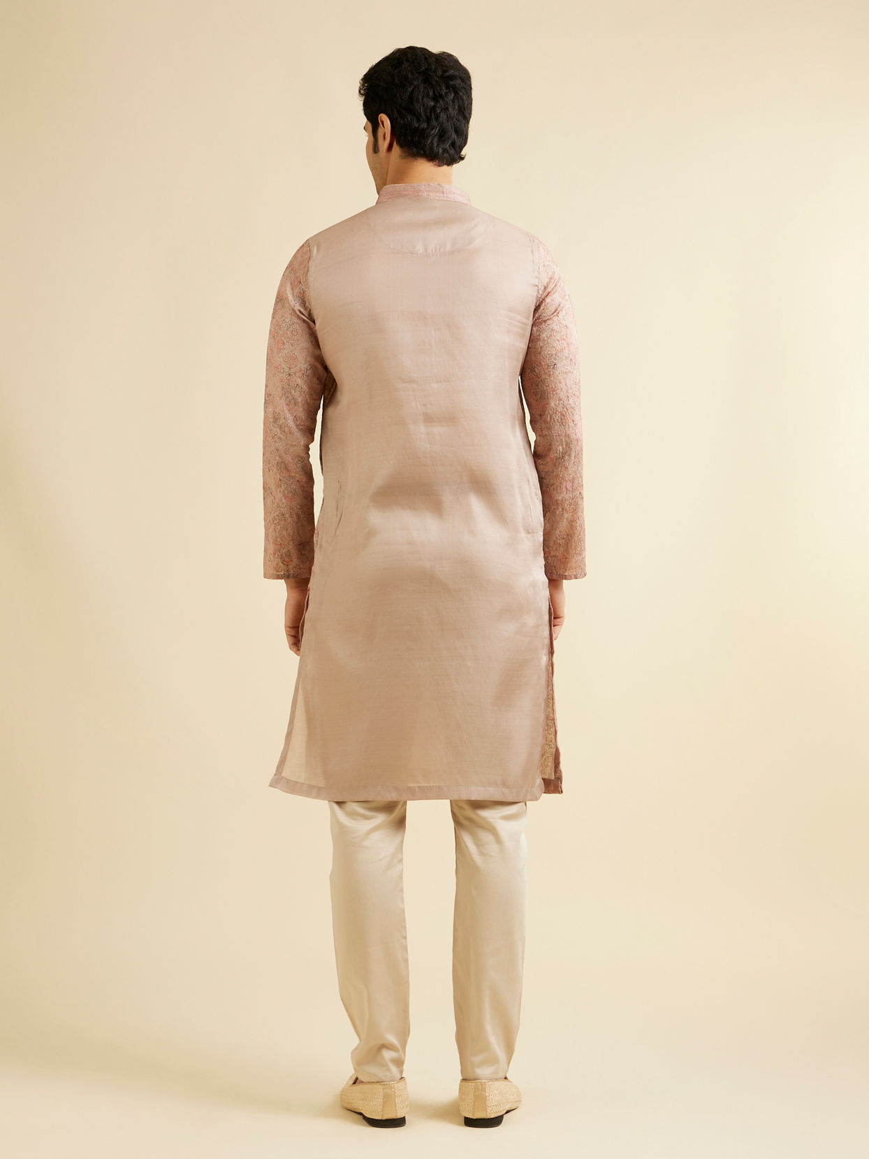Manyavar Men Sand Beige Self Patterned Kurta Set with Rhinestones