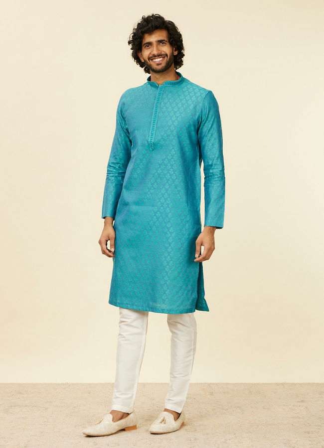 Manyavar Men Turquoise Blue Kurta Set with Buta Motifs