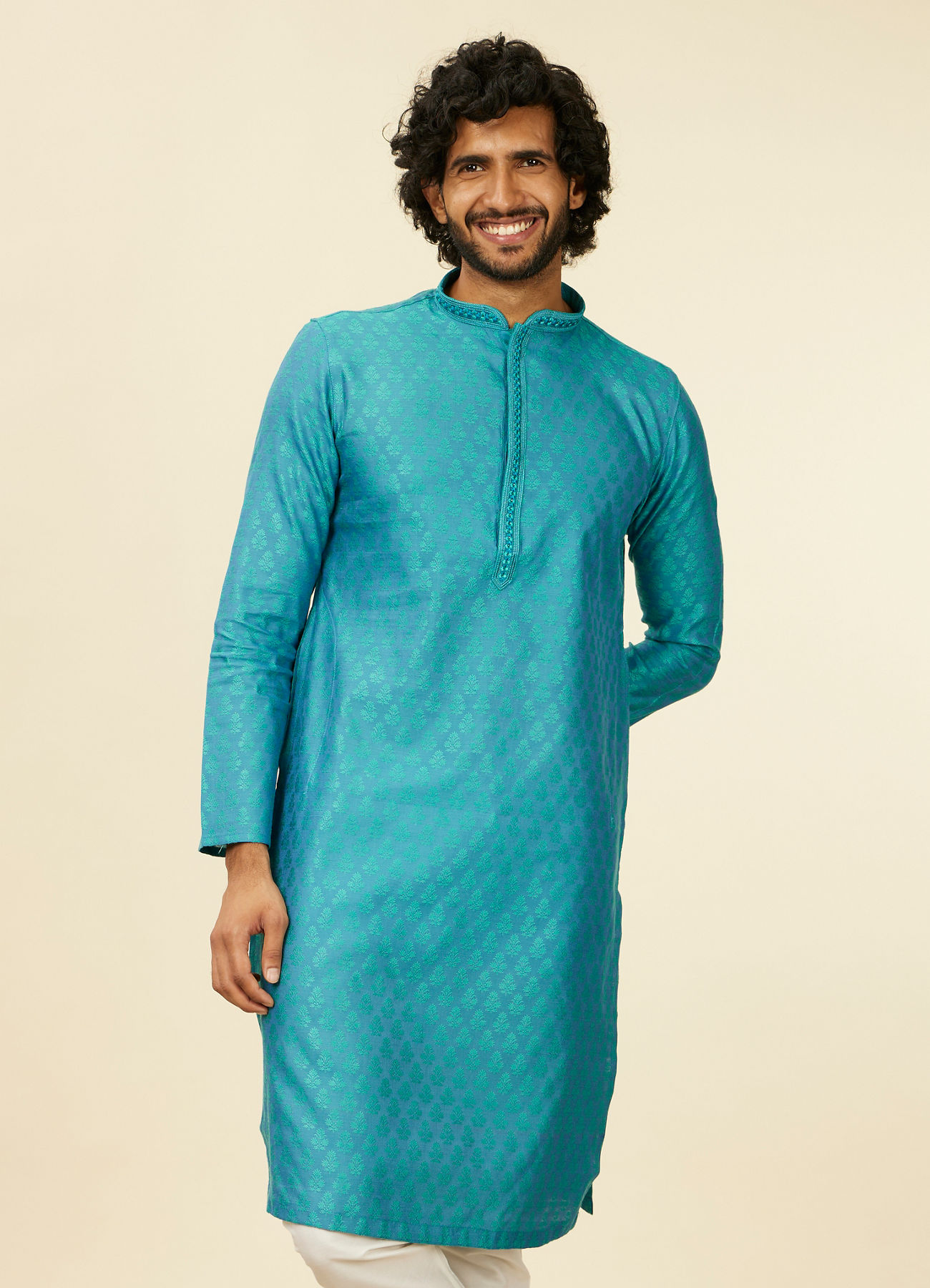 Manyavar Men Turquoise Blue Kurta Set with Buta Motifs