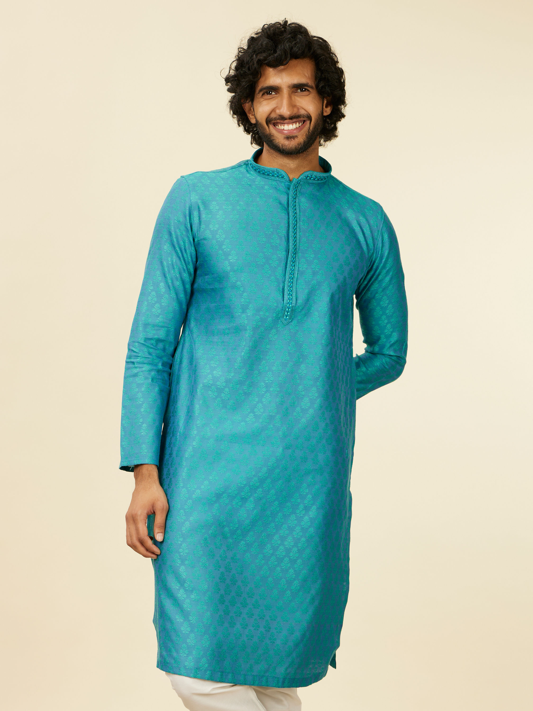 Manyavar Men Turquoise Blue Kurta Set with Buta Motifs