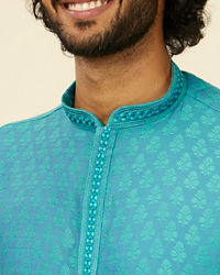 Manyavar Men Turquoise Blue Kurta Set with Buta Motifs