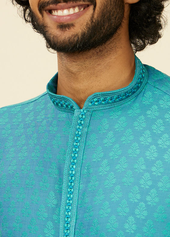 Manyavar Men Turquoise Blue Kurta Set with Buta Motifs