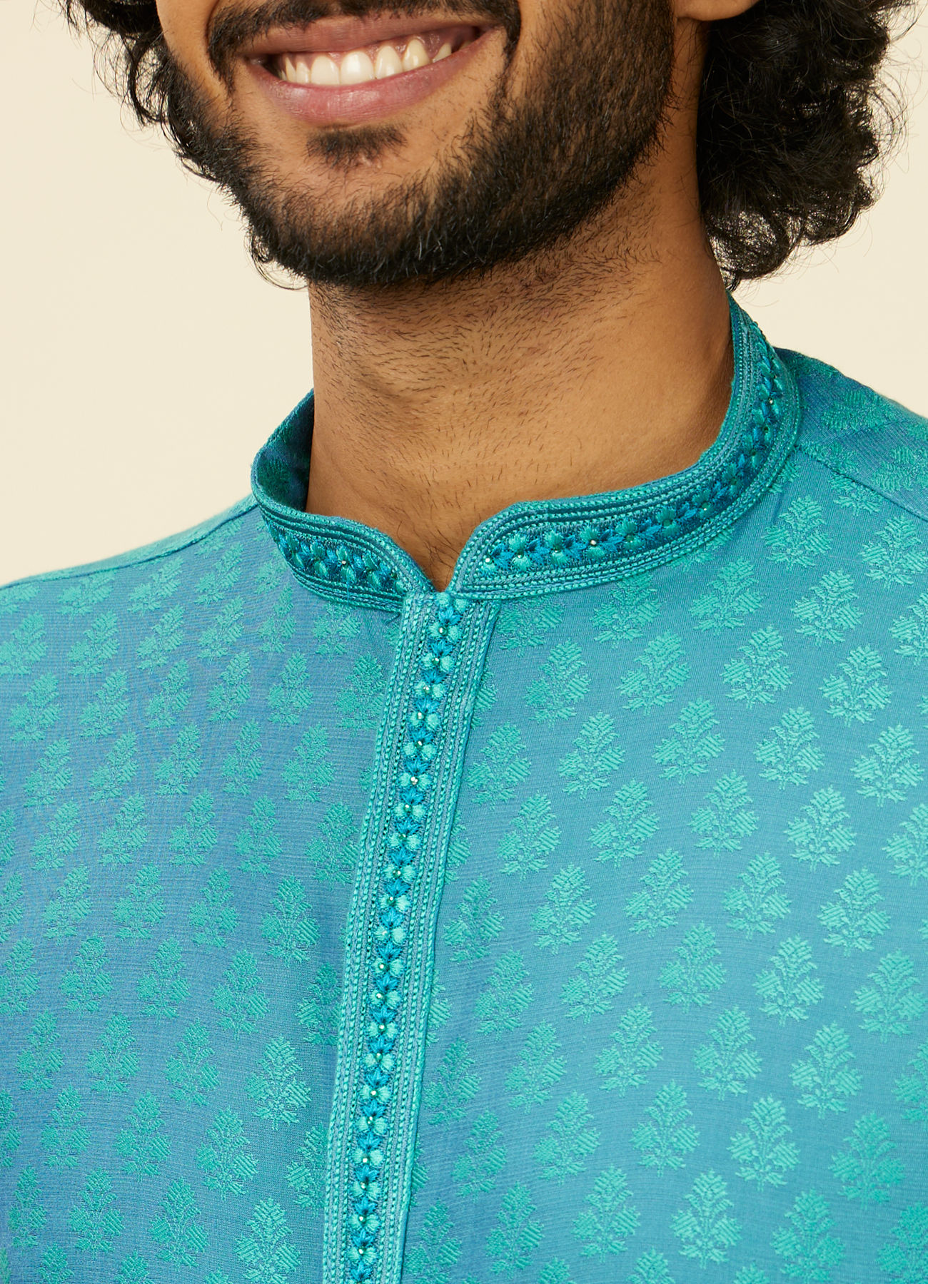 Manyavar Men Turquoise Blue Kurta Set with Buta Motifs