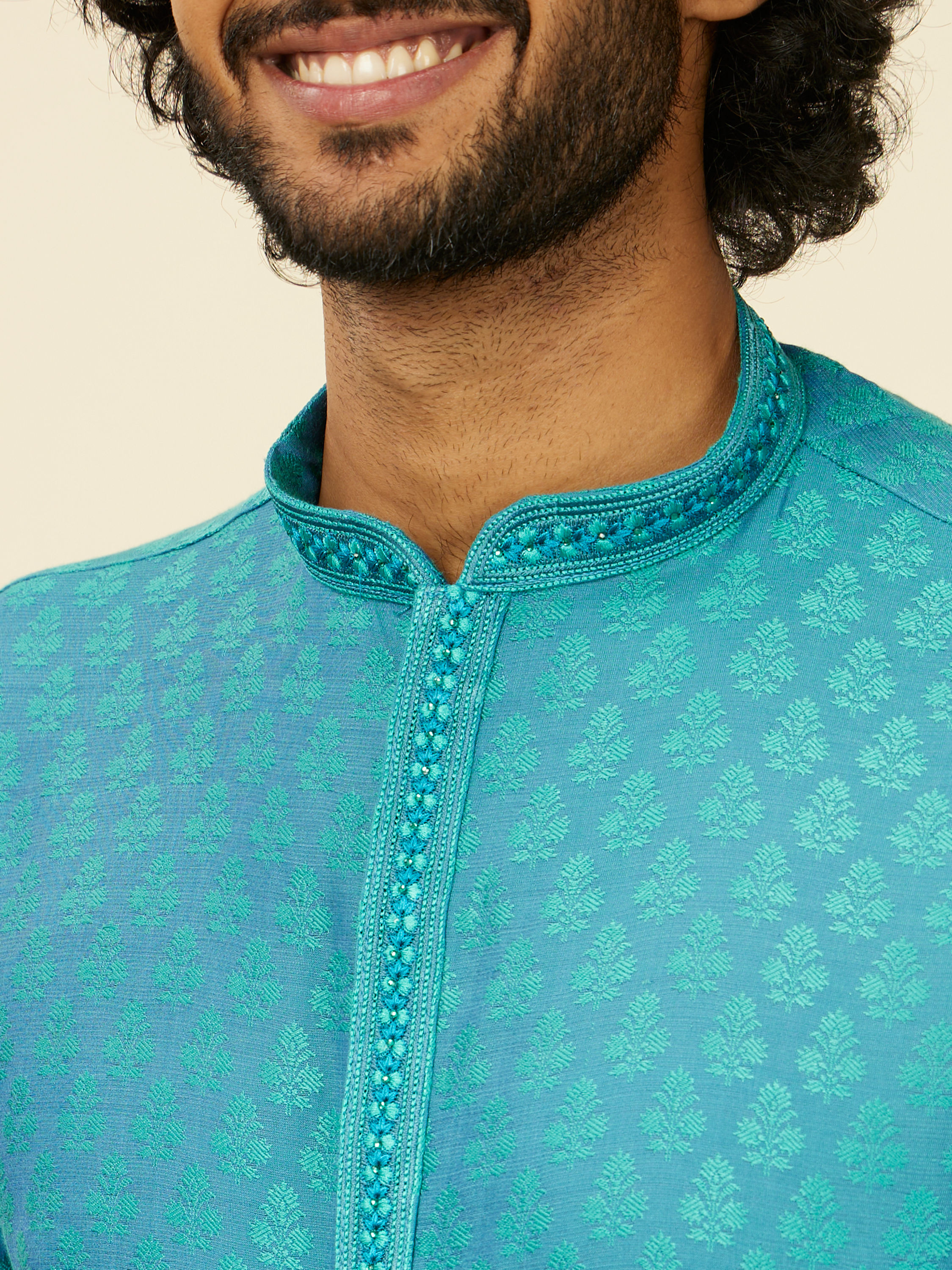 Manyavar Men Turquoise Blue Kurta Set with Buta Motifs