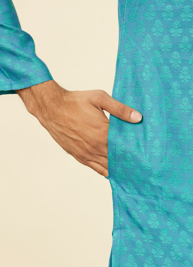 Manyavar Men Turquoise Blue Kurta Set with Buta Motifs