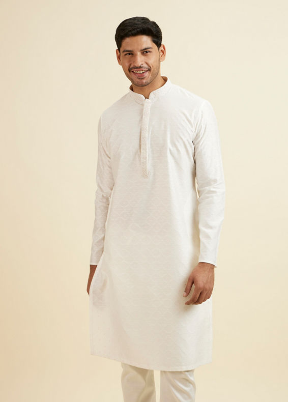 Manyavar Men White Jaal & Medallion Patterned Kurta Set