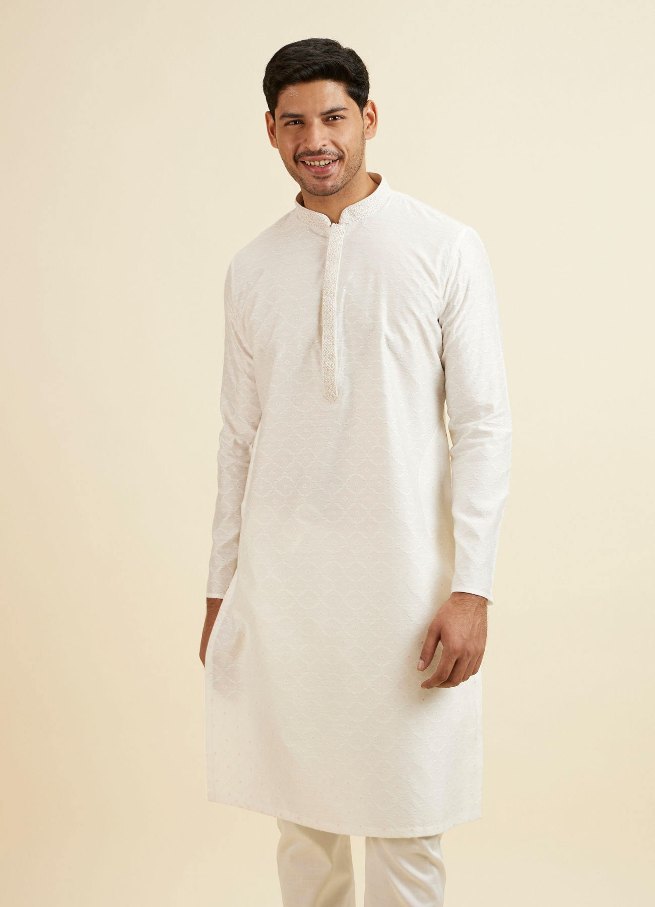 Manyavar Men White Jaal & Medallion Patterned Kurta Set