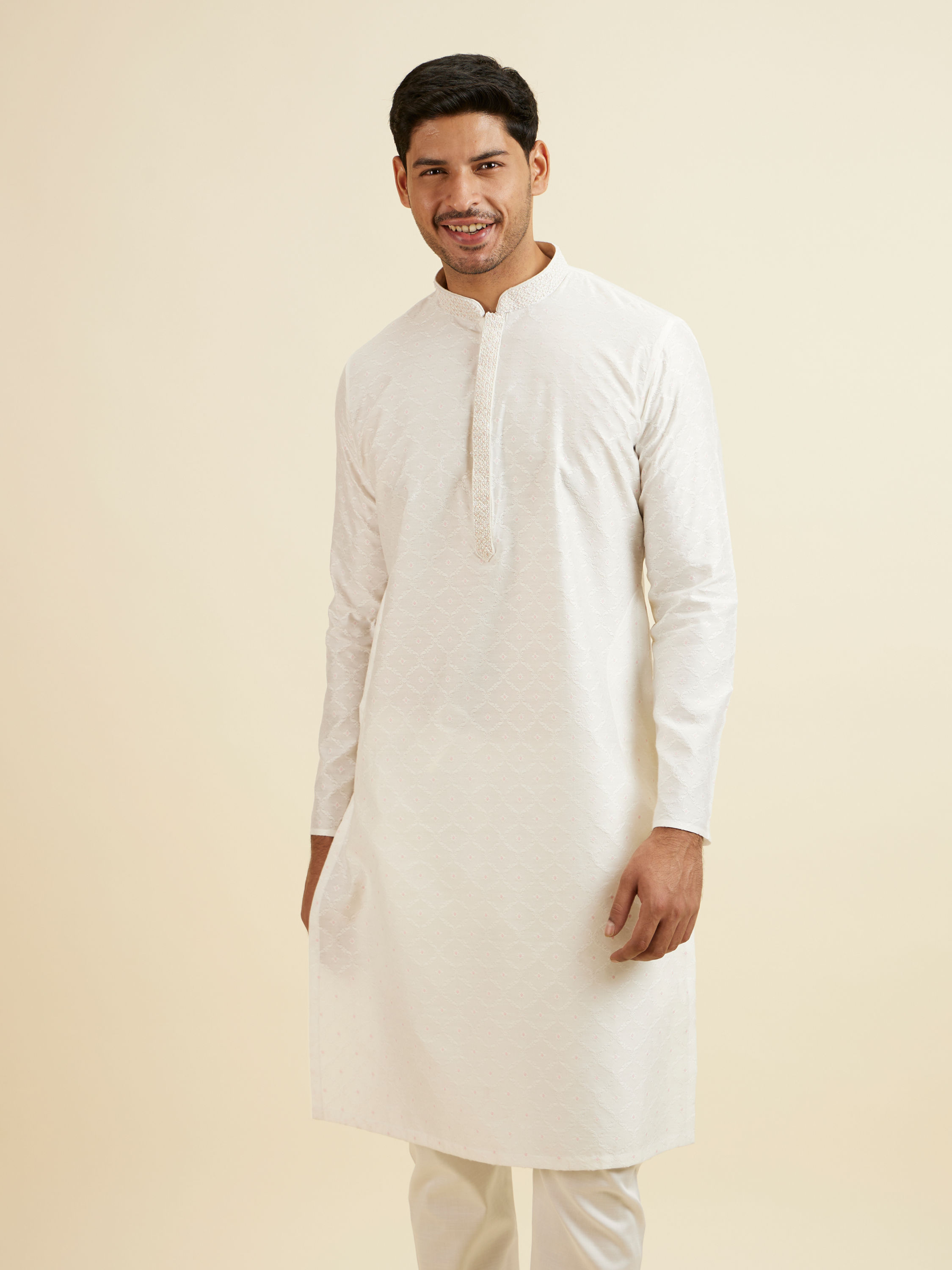 Manyavar Men White Jaal & Medallion Patterned Kurta Set