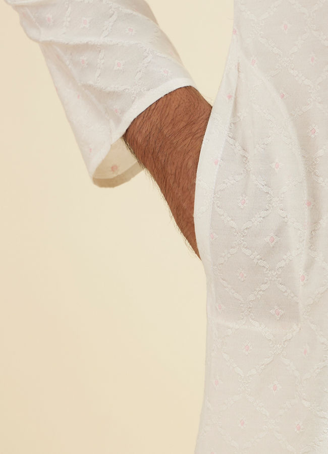Manyavar Men White Jaal & Medallion Patterned Kurta Set