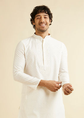 alt message - Manyavar Men Warm White Self Textured Kurta Set with Embroidered Neckline image number 0